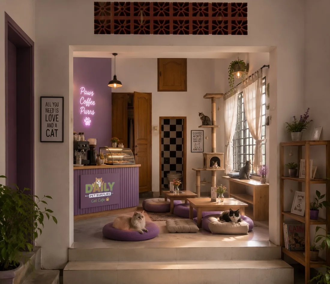 The café entrance three steps down, with the red concrete vent screen above the doorway and the original black-and-white checkered bathroom tile