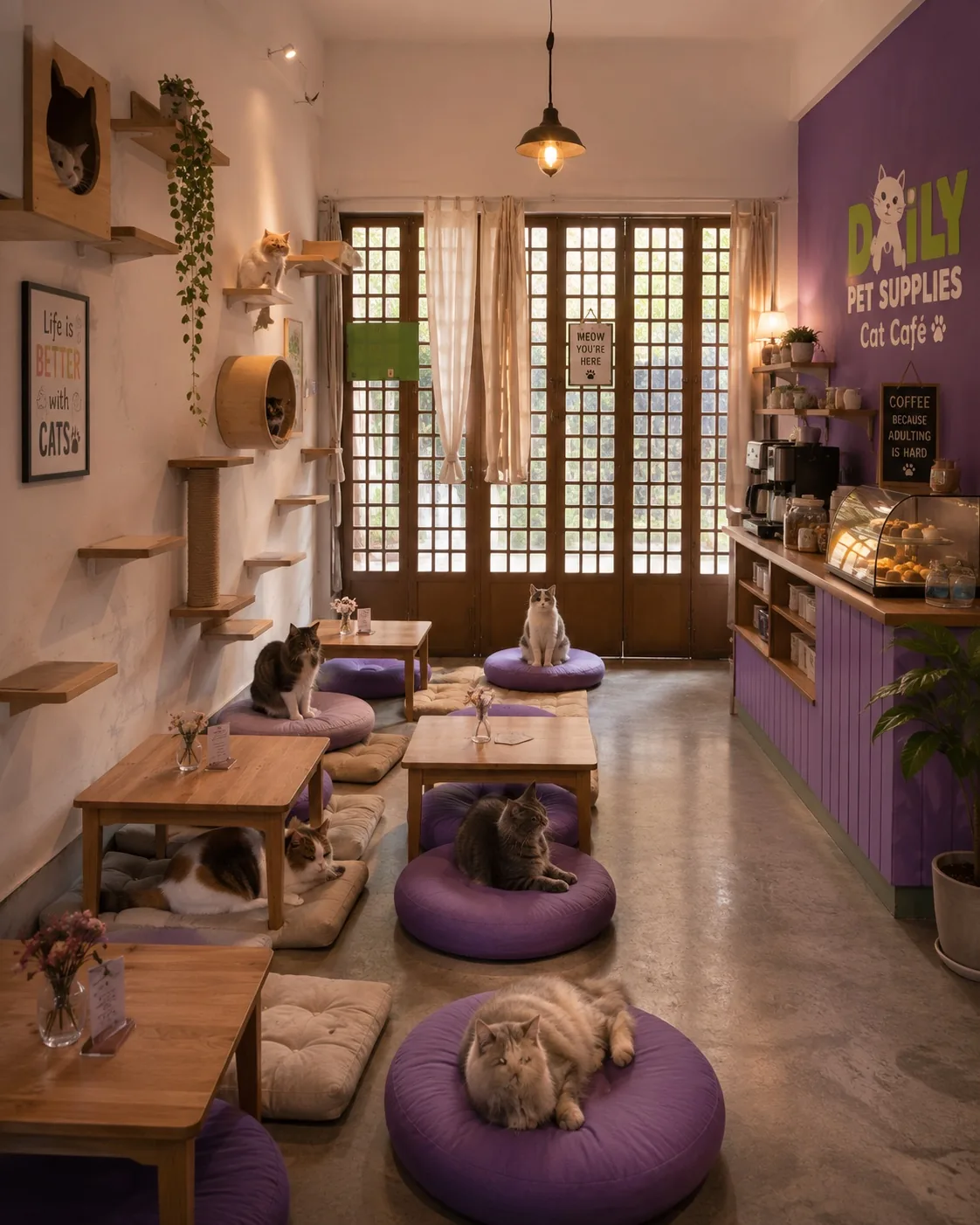 The cat café: original French folding doors, low wooden tables, purple floor cushions, and five cats lounging in the warm light