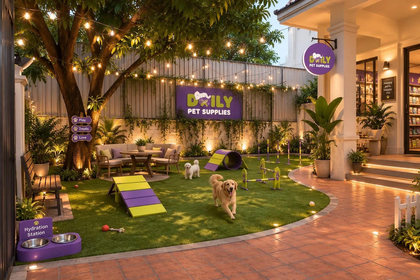 The courtyard dog park at dusk: turf, purple-and-lime agility ramps, string lights in the mango tree, and a golden retriever mid-run