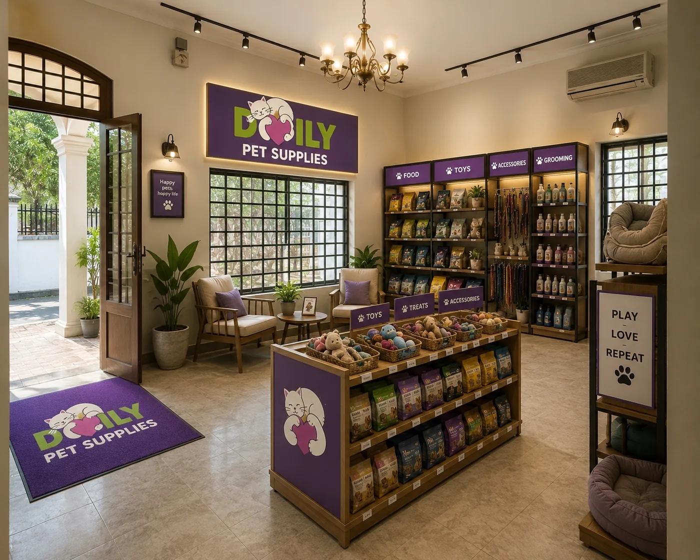 The shop's front room: a brass chandelier, window grilles, a purple Daily sign, and wooden shelves of food and toys