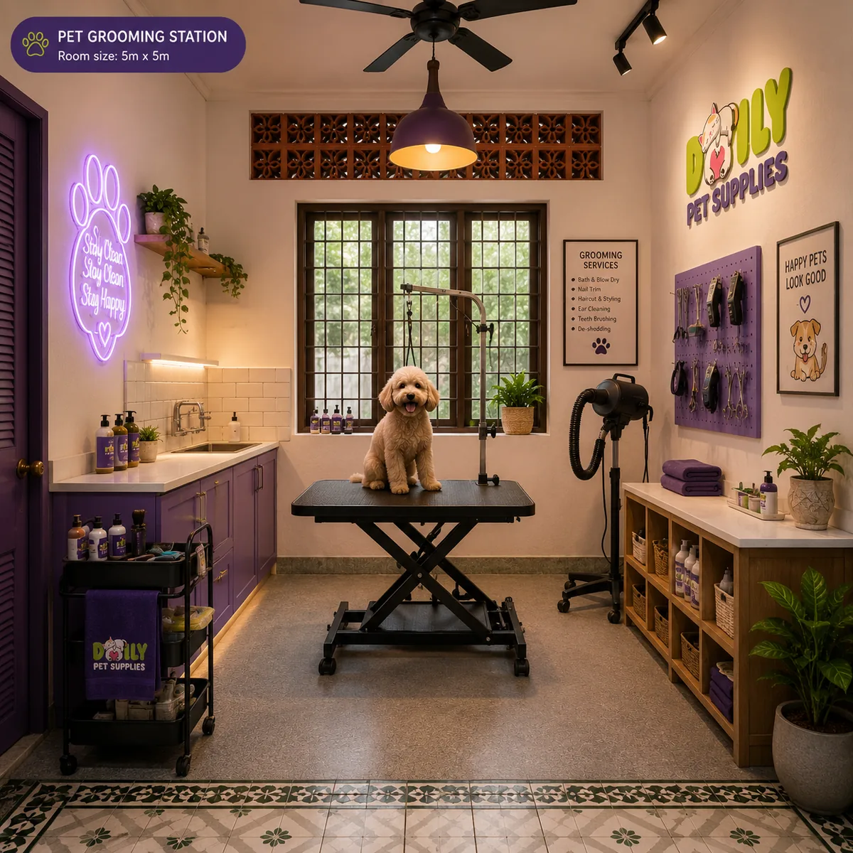 The grooming room: a dog on the grooming table under a purple pendant lamp, red vent screens above the window, a purple tool wall, and a patterned tile floor