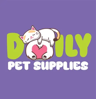 Daily Pet Supplies logo — a calico cat asleep on the word Daily, hugging a heart