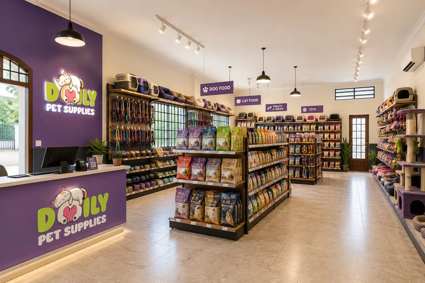 The long retail floor with aisles of dog food, cat food, treats, and a wall of leads and collars